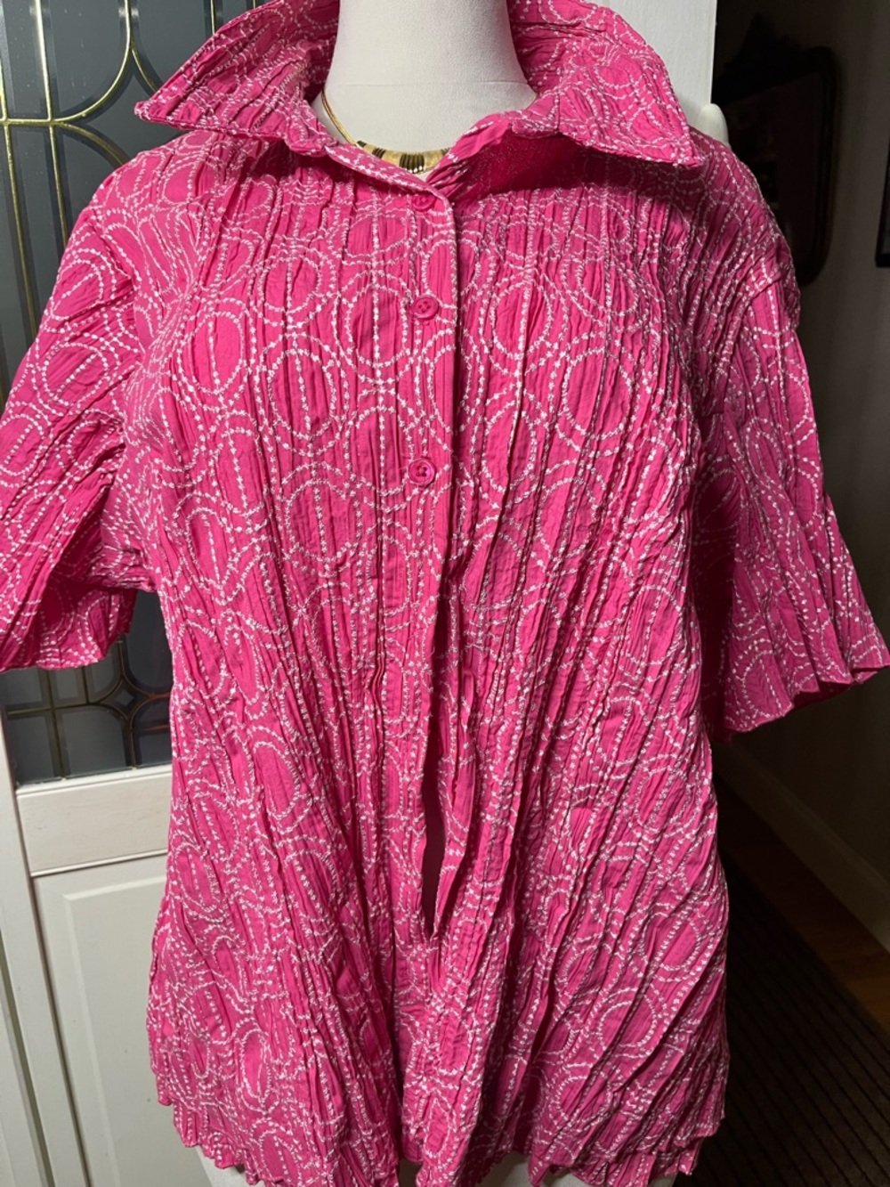 CJ Banks Pink Crinkle Embroidered Button Front Blouse Plus Size Barbiecore